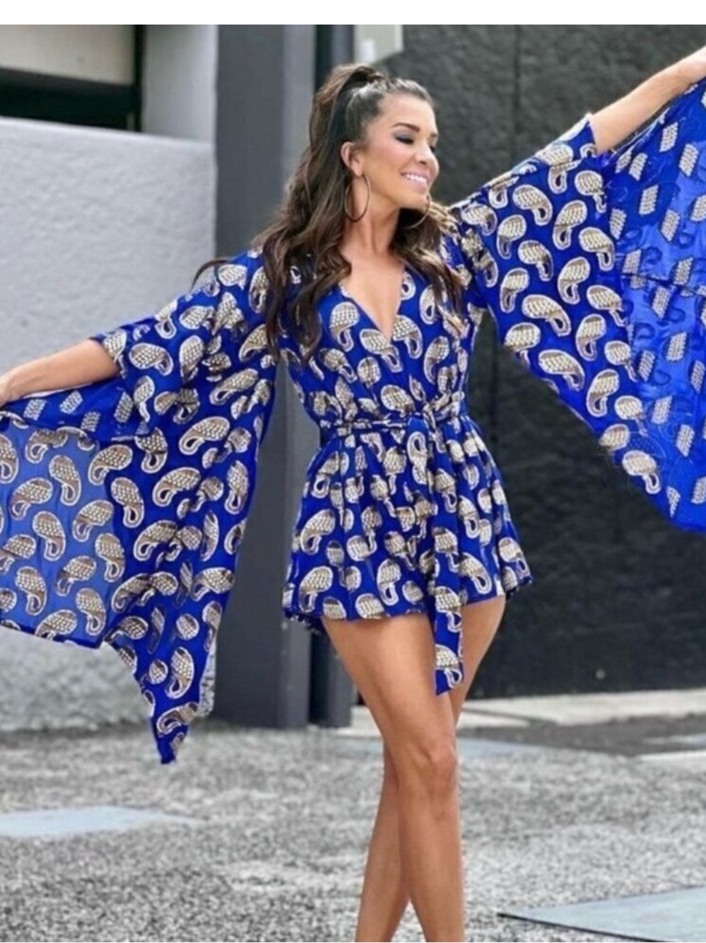 Royal Blue Paisley Print Romper with Dramatic Sleeves